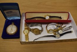 An assortment of wristwatches, a pocket watch and pins, including Ingersoll, Rone, Eton, and a cased