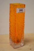 A 1970s Whitefriars tangerine coloured nailhead vase, of oblong form and measuring 18cm high
