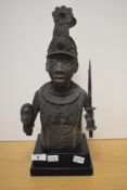 An attractive Benin (Nigerian) Bronze half torso, depicting a warrior with elaborate headdress