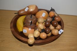 A bowl of hand crafted wooden fruit, bowl diameter 30cm