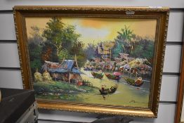 20th Century Continental School, oil on board, A depiction of Thailand everyday life, signed to