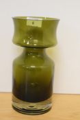 A mid century Finnish olive green glass vase by Tamara Aladin of Riihimaki Finland 20cm, moulded