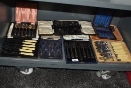 Seven cases of silver plated cutlery, to include fish knives and forks, and other flatware