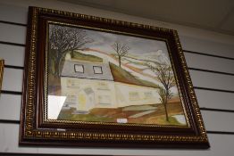 A 20th Century School watercolour depicting a cottage in a winter fell landscape, framed and under