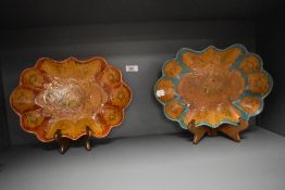 A pair of mid-20th Century Japanese hand painted papier mache dishes of scalloped outline, decorated
