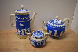 Three pieced of Copeland late Spode sprigged teawares, comprising hot water pot, tea pot (damage