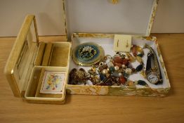 A floral jewellery box, containing an assortment of costume jewellery including a pair of heart stud