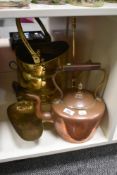 A 19th Century brass coal scuttle, measuring 35cm high, a copper fireside kettle, shovel, and