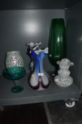 Six art glass vases including Czechoslovakian mottled glass, a tall fluted green glass vase and