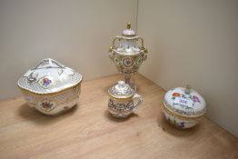 A group of four attractive 20th century Dresden porcelain lidded items, comprising urn with rams