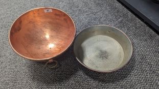 A 19th Century copper confectioner's bowl, diameter 26cm, and frying pan