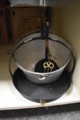A cast iron skillet pan, measuring 35cm high, a jam pan, and other metal ware