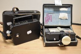 A 1960s Sankyo 8cm film camera with case, a Kodak Eight Model 20 cine camera, and case