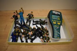 A 1990s Radica Sport Trout Fishin' hand held game and a selection of plastic army figurines