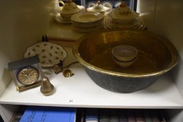 A large 19th Century brass coloured cream pan, measuring 48cm in diameter, and other metal ware