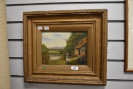 20th Century School, oil on board, A woman beside a thatched roof cottage, signed indistinctly to
