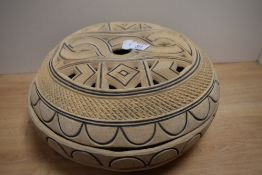 An attractive African Fulani Calabash bowl and cover, carved throughout with geometric designs