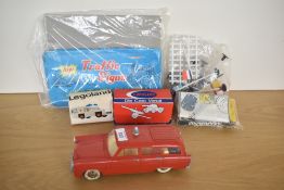 A collection of mixed toys including Lego 600 Ambulance in card box, Cresent 1249 Quick Firing Gun