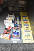 A collection of modern Matchbox Die-casts, 1987 CY16 Scania Box Truck, 1991 MB17 London Bus, MB24