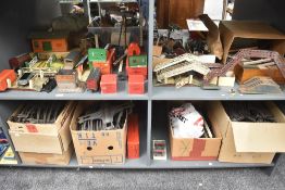 Four shelves of Hornby 0 Gauge including tin plate Platform with building, Level Crossings, Water