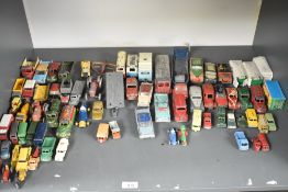 A shelf of playworn Die-casts including, Corgi, Dinky, Matchbox Lesney and similar period, 70+