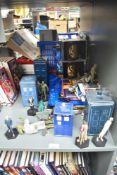 A collection of Doctor Who Collectables including ceramic Tardis's and plastic figures, Files,