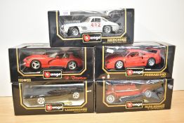 Five Burago 1:18 scale Die-casts, 3014 Alfa Romeo, 3032 Ferrari F40, 3015 Mercedes Benz 300SL Millie
