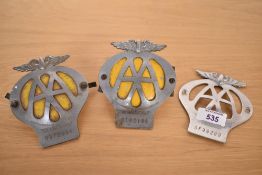 Three vintage AA Badges, 1945-1957, period of 0A-0Z Prefixes, numbered 0F99299, 0D72958 & 0L62188