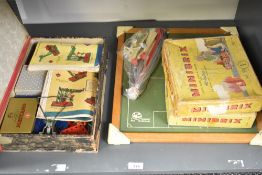 A shelf of mixed vintage Toys including Meccano, Minibrix part sets 1 & 3 and a Super Soccer table