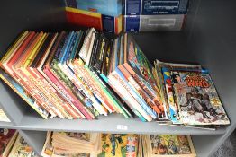 A shelf of 1970's and later Annuals and Comics including Star Trek 1976, The Sparky Book 1975,