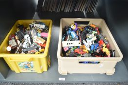 Two boxes of playworn Die-casts including Matchbox, Majorette, Dinky etc, 150+
