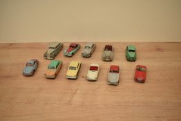 Eleven Dinky playworn Die-casts, 150 Rolls Royce Silver Wraith, 157 Jaguar, 176 Austin A105, 194