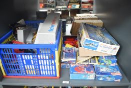 A shelf of mixed vintage Meccano, modern in boxes along with a ESCI 1:48 scale plastic kit,