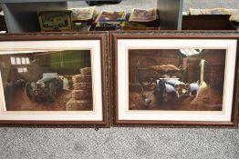 A pair of framed and glazed prints after David Player, named on reverse Austin Martin and Jaguar,