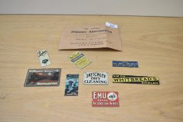Eight Bassett-Lowke tinplate Miniature Advertising Signs, EMU, Stephens Inks, The Model Railway