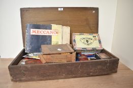 A collection of vintage Meccano in home made wooden box, Motors, Parts etc, along with loose Meccano