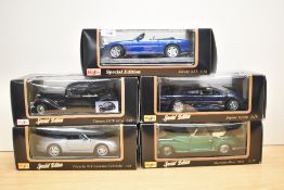 Five Maisto Special Edition 1:18 scale Die-casts, Jaguar XK8, Jaguar XJ220, Mercedes Benz 300S,