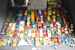 A shelf of playworn Die-casts including Two Dinky Supertoys Foden 8 Wheel Wagons, one with chains,