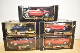 Five Burago 1:18 scale Die-casts, 3016 Jaguar E Cabriolet, 3051 Porsche 356B Cabriolet, 3014 Alfa