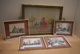 A 19th Century needlework depicting a crinoline lady picking flowers, framed with two handles, meas