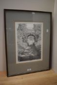D.M Sykes (20th Century), pencil sketch, A stone arched bridge within overgrown setting, signed
