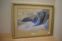 A 20th Century British School beach scene watercolour, entitled Penlee Sands, Bladeport, measuring