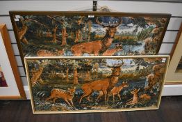 20th Century School, needleworks, Two mid-20th Century tapestries depicting deer, framed and under