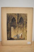 Attributed to Samuel Prout (1783-1852, British), watercolour and gouache, A Gothic Church interior
