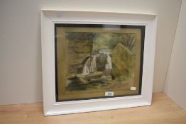 20th century British school, chalk study of a woodland waterfall study with green hues, signed