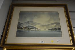 George Allen (20th Century), watercolour, A lake scene with boats and hills beyond, signed to the