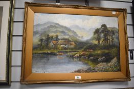 William Langley (c.1880-1920, British), oil on canvas, Watering cattle in a Scottish Highland