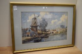 20th Century French School watercolour, A Dutch canal landscape with windmill, signed 'F. le