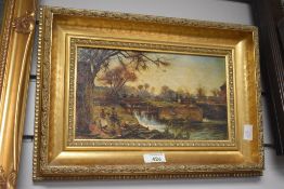 After James Kinnear (1846-1917, British), oleograph, 'Fish Trap on the Mole, Surrey', displayed