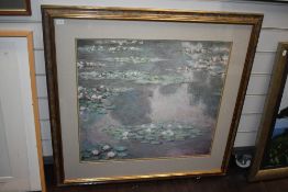 After Claude Monet (1840-1926, French), coloured print, 'Water Lilies', framed, mounted, and under